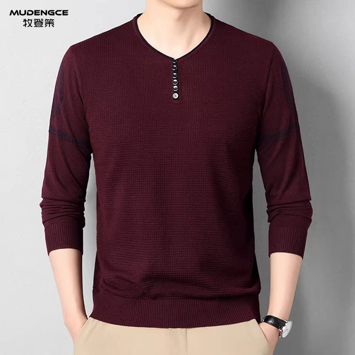 本命年红色长袖V领T恤男士套头修身显瘦休闲风打底衫舒适亲肤上衣