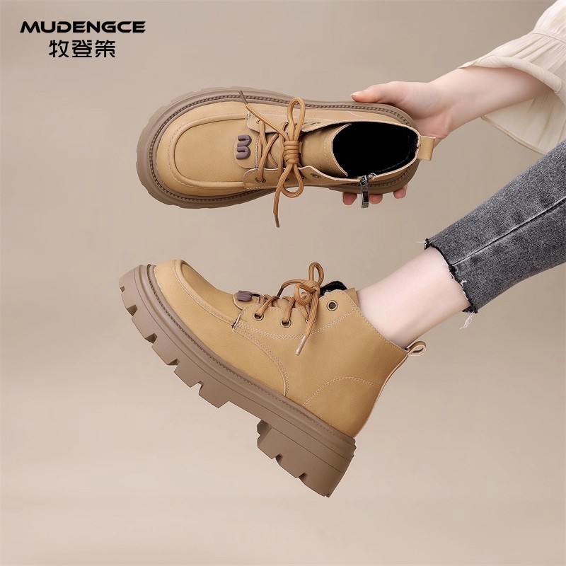 复古低帮马丁靴女新款英伦风厚底侧拉链机车靴棕色加绒舒适短靴