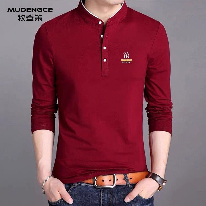 立领本命年红色长袖t恤男加厚保暖打底衫男士纯色修身常规款上衣