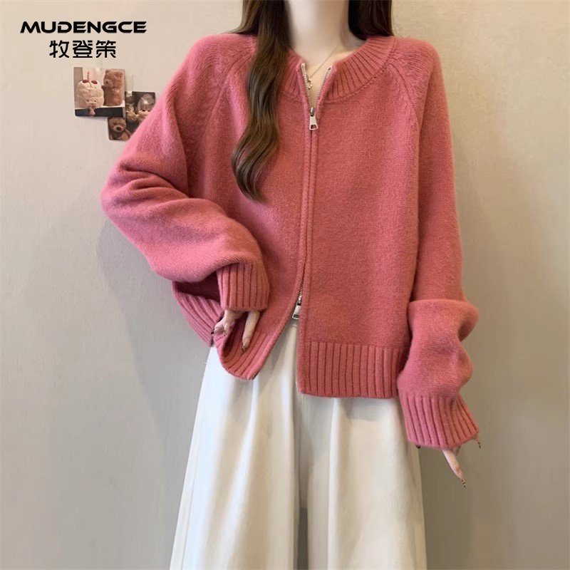 玫红色圆领拉链针织女修身开衫