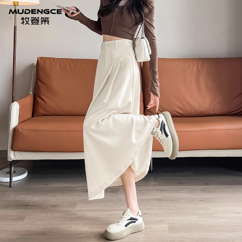 米白色西装半身裙女高腰a字遮肉长款长裙气质显瘦百褶休闲大摆裙