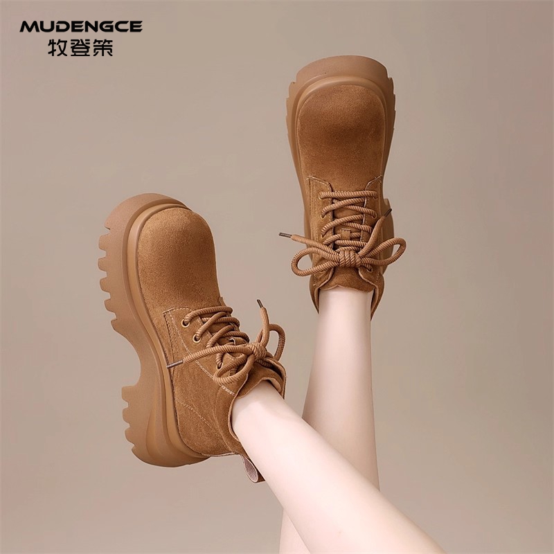 英伦风磨砂皮系带短筒靴女软底