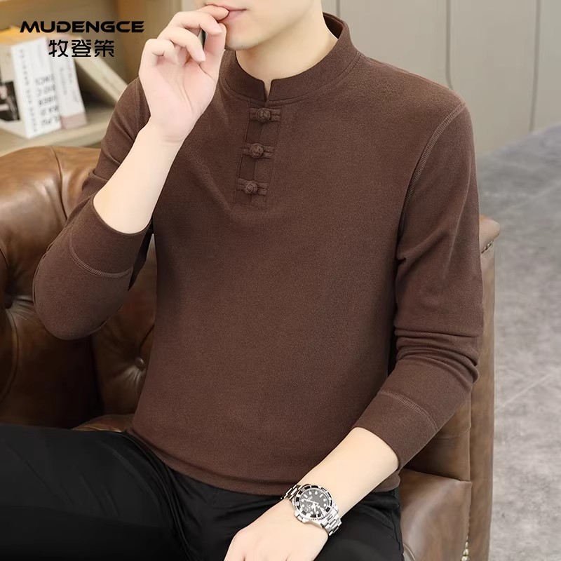 盘扣立领新中式风长袖T恤男新款棕色加绒加厚修身休闲卫衣打底衫