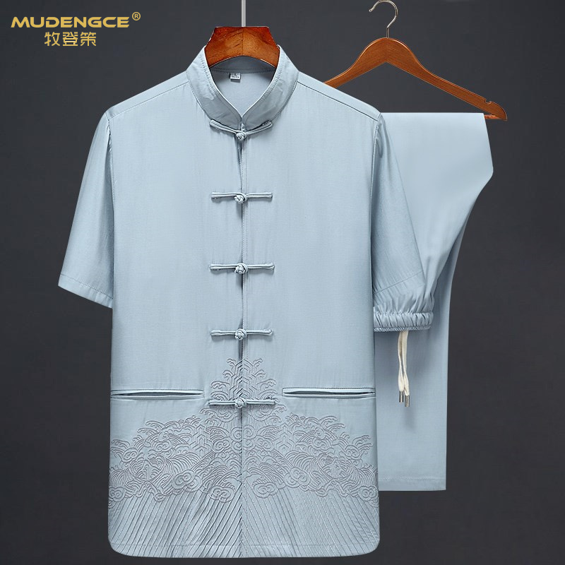 中国风唐装男夏季短袖冰丝中老年爸爸夏装汉服套装爷爷装夏天衣服