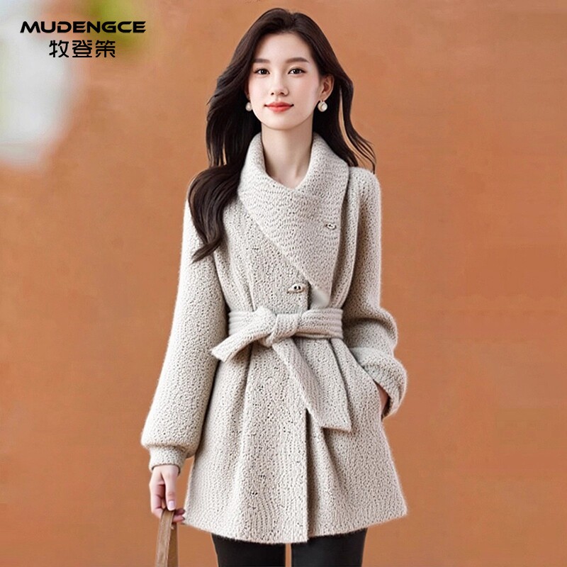 小香风系带收腰外套女翻领中长款奶油杏色显瘦加厚夹棉斗篷大衣