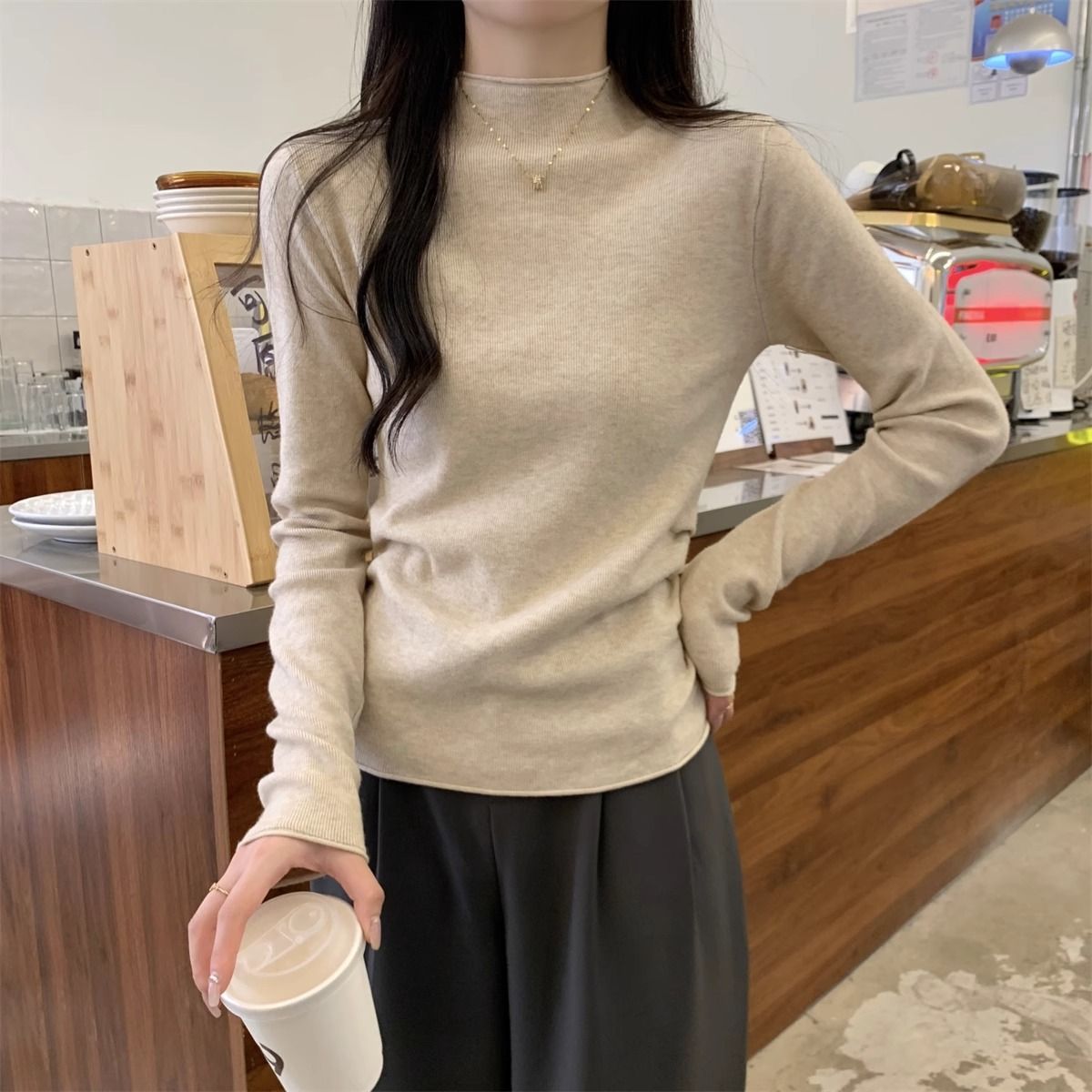 初秋小立领奶fufu软糯针织长袖打底衫女冬季毛衣韩版简约上衣内搭