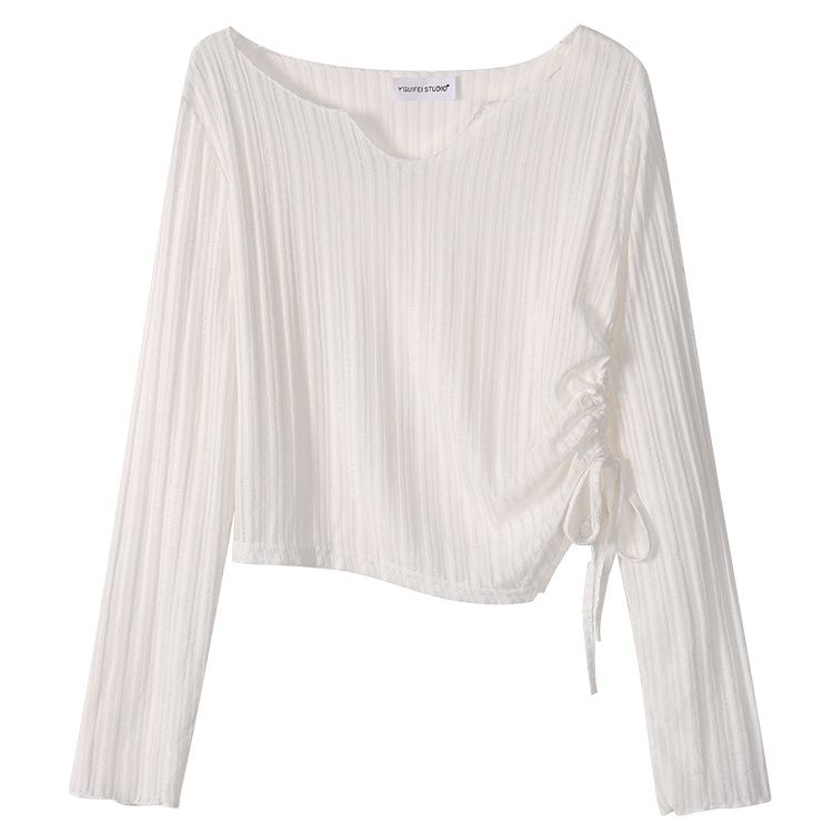 LIDADAuu-白色抽绳长袖防晒罩衫女2025秋不规则显瘦正肩T恤上衣