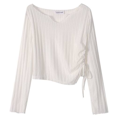 LIDADAuu-白色抽绳长袖防晒罩衫女2025秋不规则显瘦正肩T恤上衣