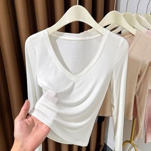 显瘦内搭T恤上衣打底衫 t恤女秋冬修身 纯色V领长袖 超手感莫代尔棉