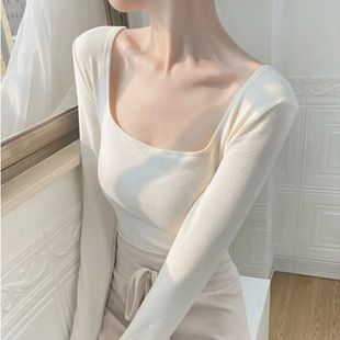 纯欲长袖 美式 显瘦保暖打底衫 内搭修身 纯色上衣 方领T恤女秋冬新款