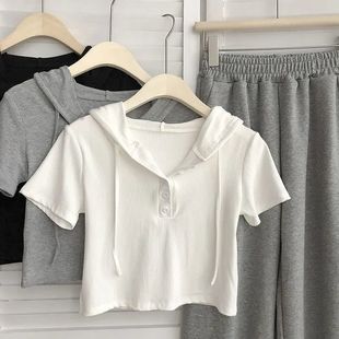 韓版 氣質(zhì)百搭顯瘦短款 上衣女2024新款 T恤衫 夏季 高檔抽繩連帽短袖