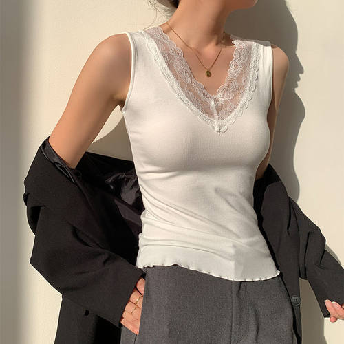 莫代尔蕾丝花边性感v领小吊带背心女夏季新款甜辣妹坎肩显瘦上衣
