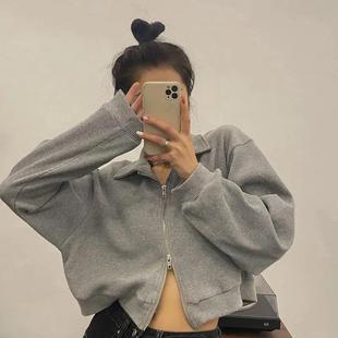正肩上衣女学生春秋新款 拉链卫衣外套polo领短款 宽松原宿风ins潮