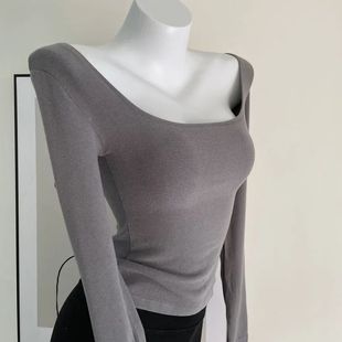 纯欲长袖 显瘦保暖打底衫 上衣 内搭修身 小众磨毛方领T恤女秋冬新款