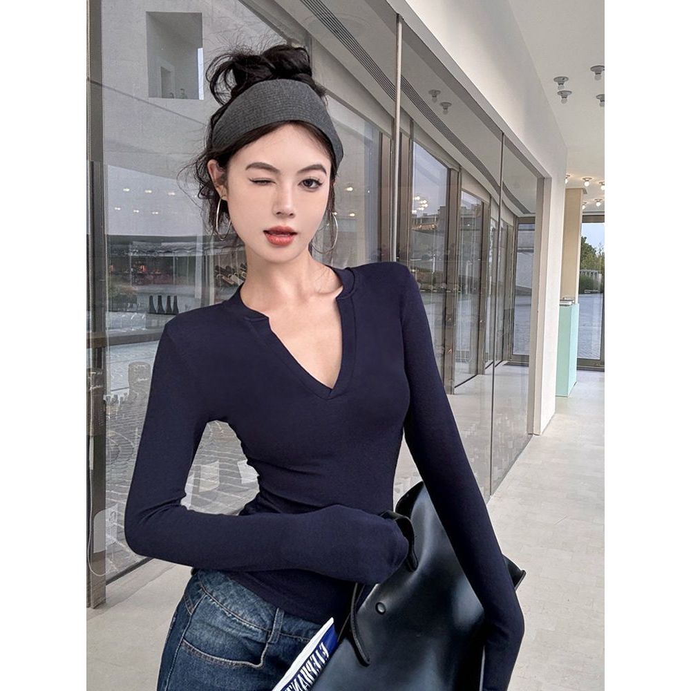 藏蓝色辣妹v领正肩长袖t恤女秋季性感纯欲修身紧短款打底衫上衣黑