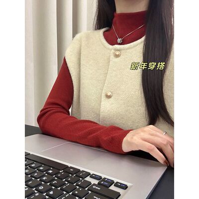 安可拉红色叠穿针织马甲女