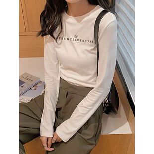 秋冬韩版新款小众设计感德绒白色打底衫宽松印花保暖内搭上衣女潮