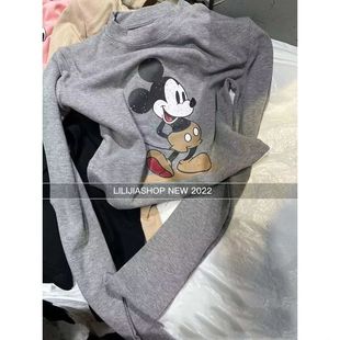 复古时尚 卡通米奇印花长袖 美式 T恤女秋冬新款 不规则内搭 加绒短款