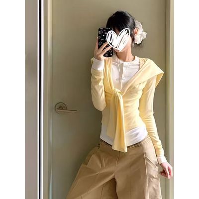 奶黄色披肩假两件长袖t恤女