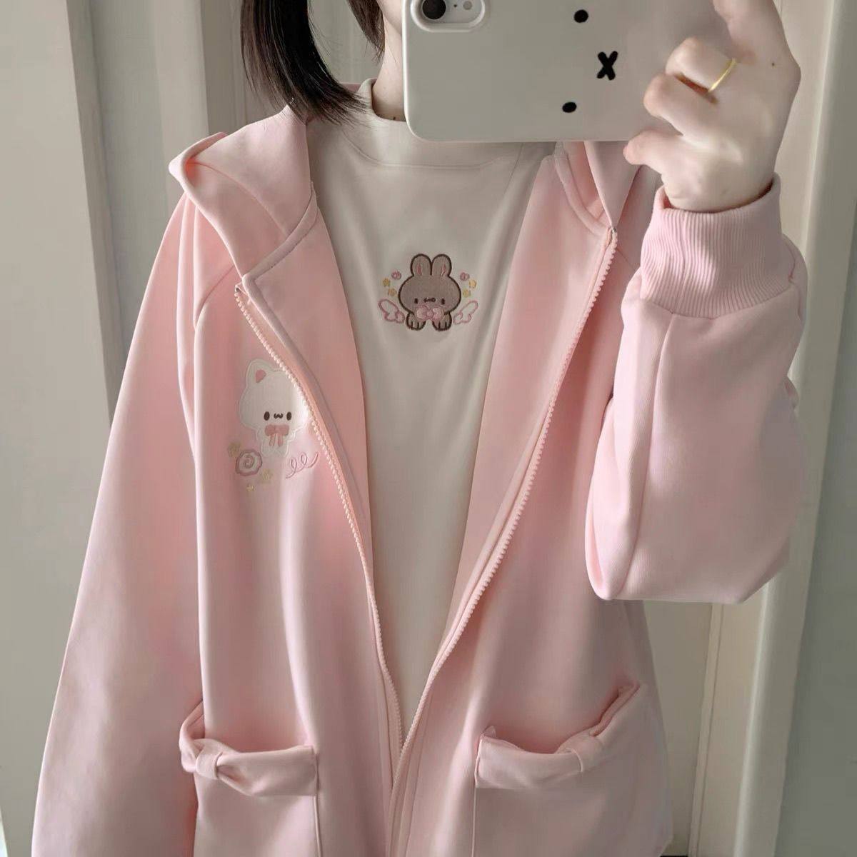 2026新款百搭基础软妹双色小兔子刺绣德绒弹力长袖学生打底衫女潮,女装/女士精品,卫衣/绒衫,淘宝优惠券,粉丝福利购,淘宝优惠卷