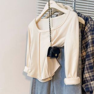 显瘦修身 加绒加厚上衣长袖 鱼骨线T恤 女内搭秋冬季 双面德绒打底衫