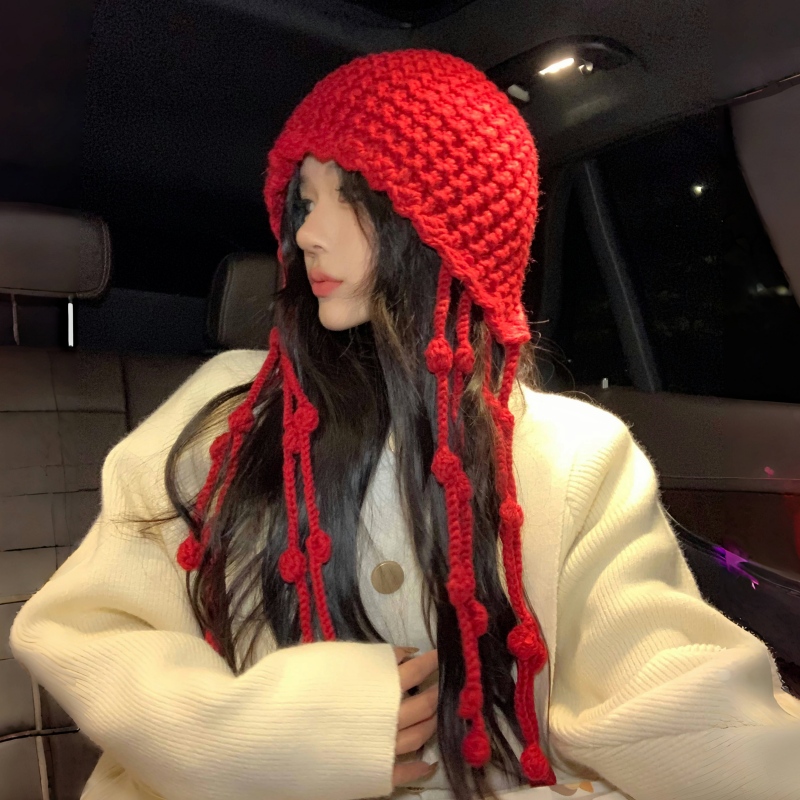 保暖红色毛线帽护耳帽女红色保暖