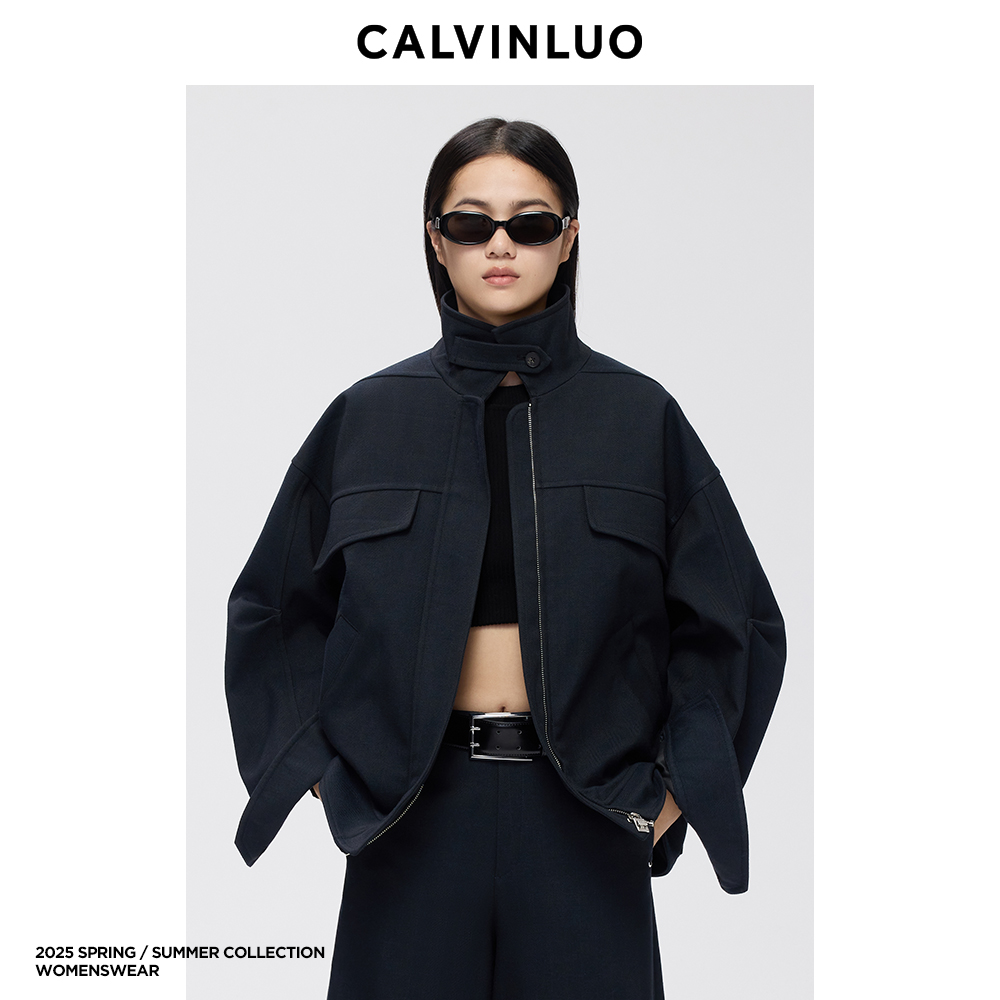 黑色立领廓形夹克短外套