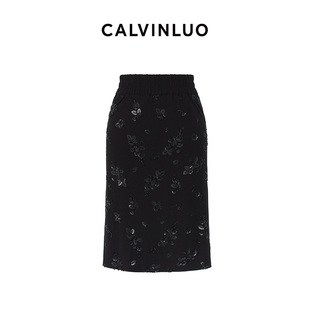 新品 CALVINLUO 23FW 灰色 满饰钉珠弹性半裙 黑色