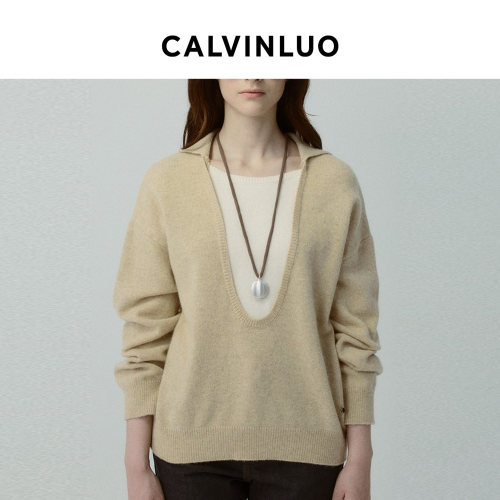 CALVINLUO撞色假两件长袖针织女