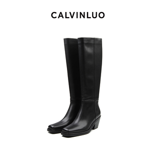 黑色方头高筒牛仔靴 女式 CALVINLUO 24新品