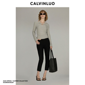 米黄 CALVINLUO 灰色 显瘦简约上衣 25新品 假两件挂脖T恤修身 长袖