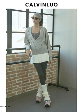 CALVINLUO 运动风V领交叉门襟宽松休闲长袖上衣 25新品 灰色