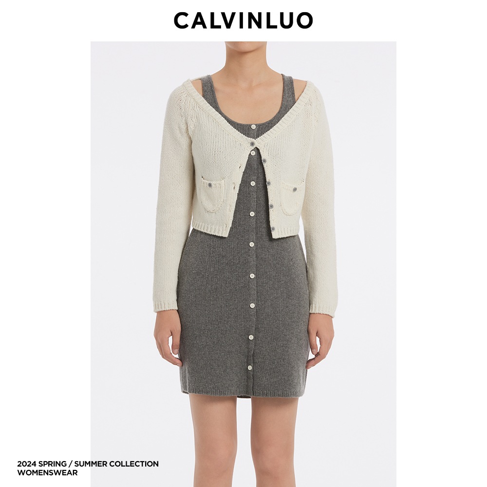 CALVINLUO 露肩假两件撞色针织连衣裙 24春夏 新品 白灰色