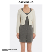 CALVINLUO 白灰色 新品 露肩假两件撞色针织连衣裙 24春夏
