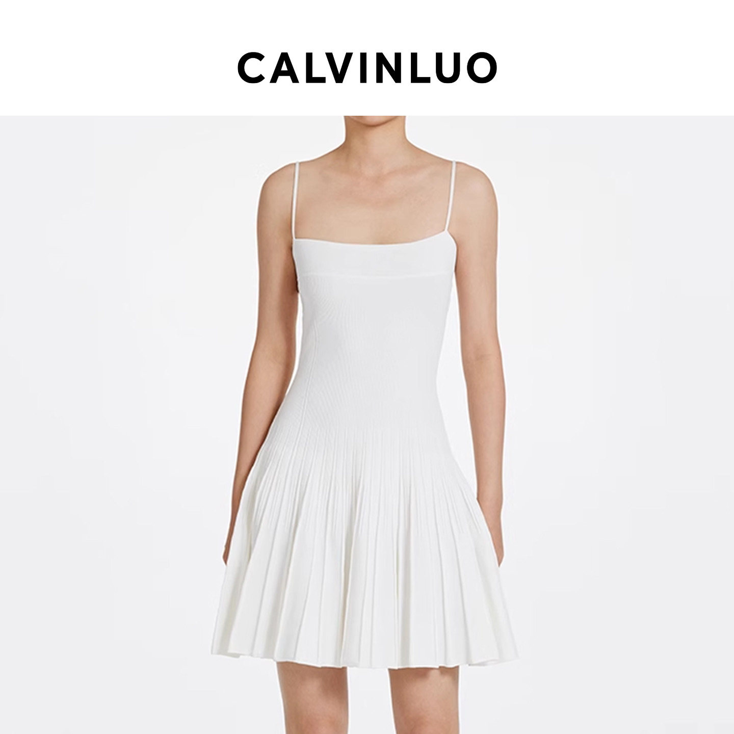 CALVINLUO 针织吊带修身连衣裙 方领收腰A字裙摆女装新品白色黑色