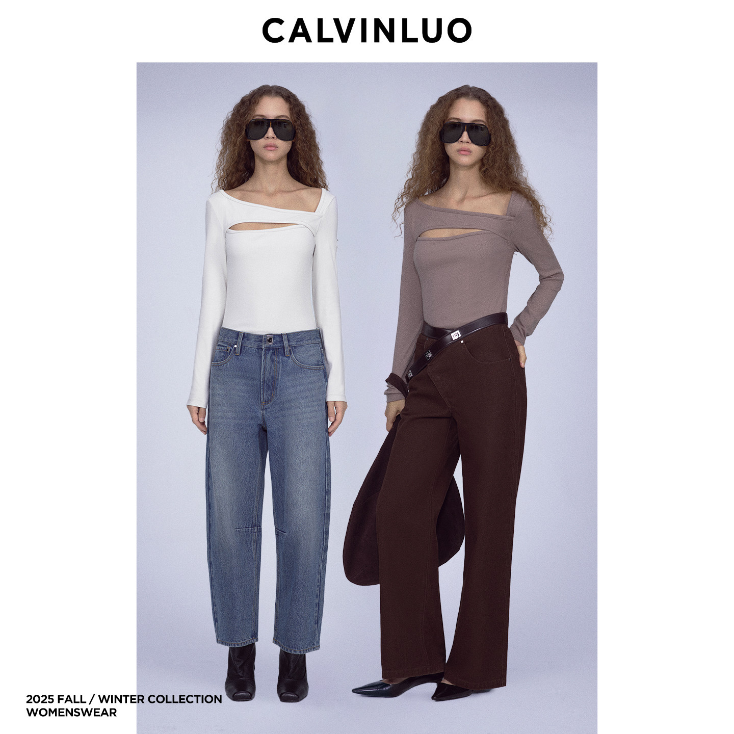 CALVINLUO 秋季新品镂空长袖修身显瘦简约斜领设计女装针织上衣