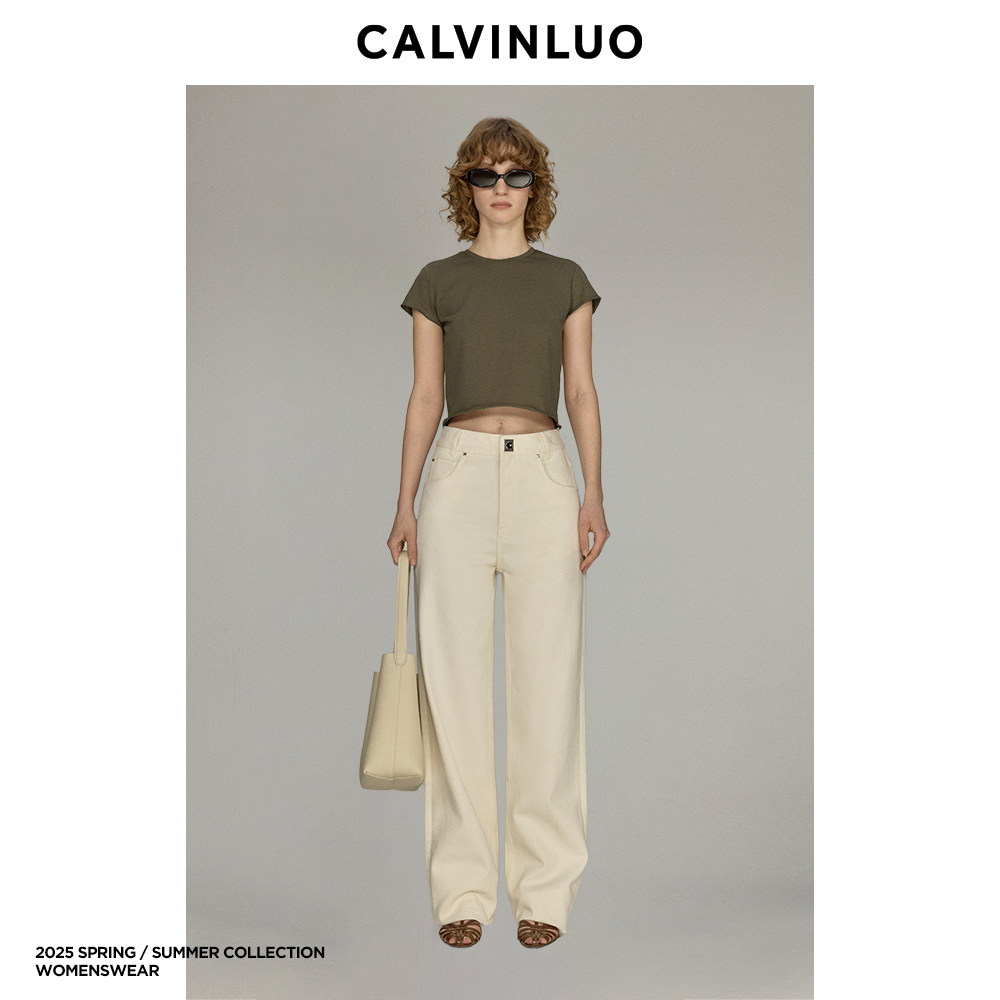CALVINLUO 卡其绿短袖T恤修身长袖显瘦简约短款上衣 25SS新品
