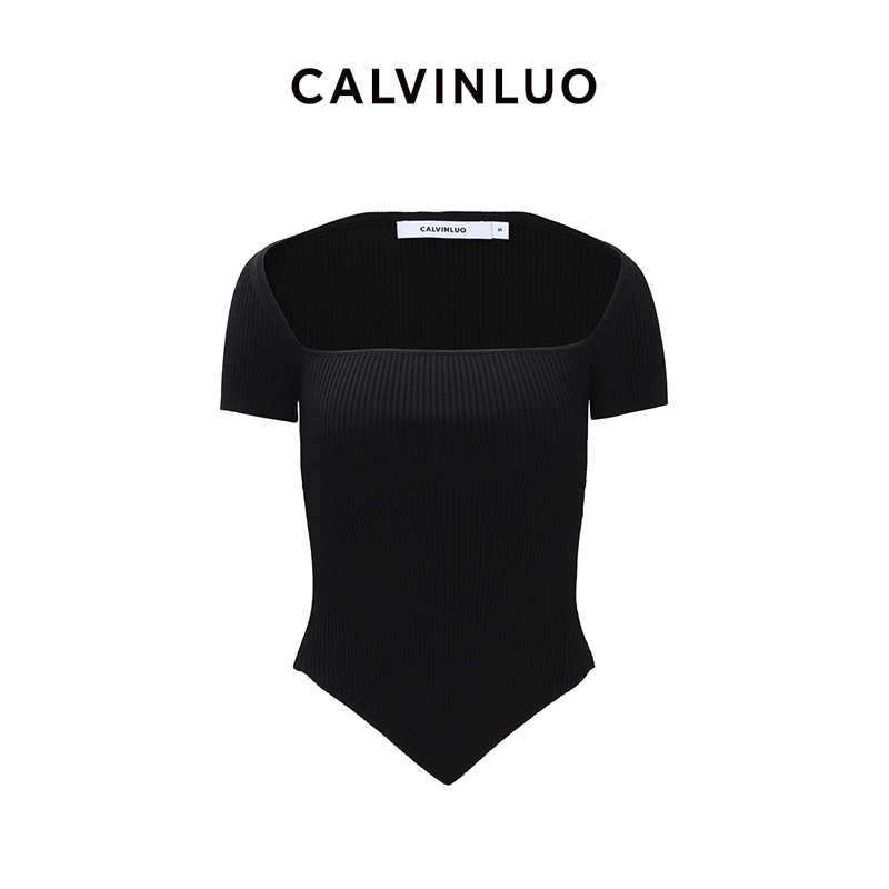 CALVINLUO 24新品方领罗纹针织上衣 黑色/白色