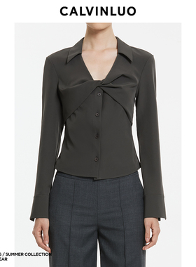 CALVINLUO 扭结V领修身长袖衬衫 24春夏 新品 米驼/灰色