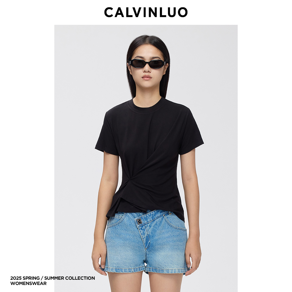 白色不对称叠搭短袖T恤