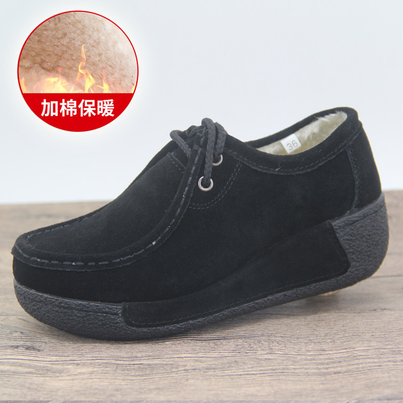 冬季新款加绒棉鞋磨砂真皮摇摇鞋女松糕鞋软增高厚底坡跟系带女鞋