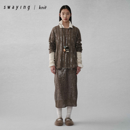 SWAYING官方 链条珠片绣羊驼毛半裙25AW秋冬气质通勤显瘦半身裙女