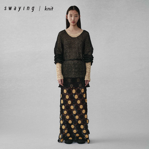 SWAYING官方 撞色手工圆片钩花丝绵长裙25AW秋冬气质通勤半身裙女
