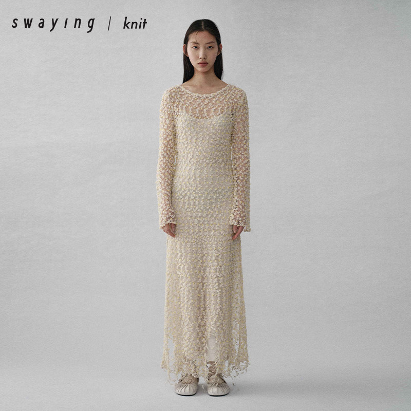 SWAYING官方 丝羊毛网格镂空长袖连衣裙25AW秋冬气质通勤连衣裙女