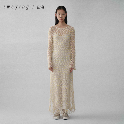 SWAYING官方 丝羊毛网格镂空长袖连衣裙25AW秋冬气质通勤连衣裙女