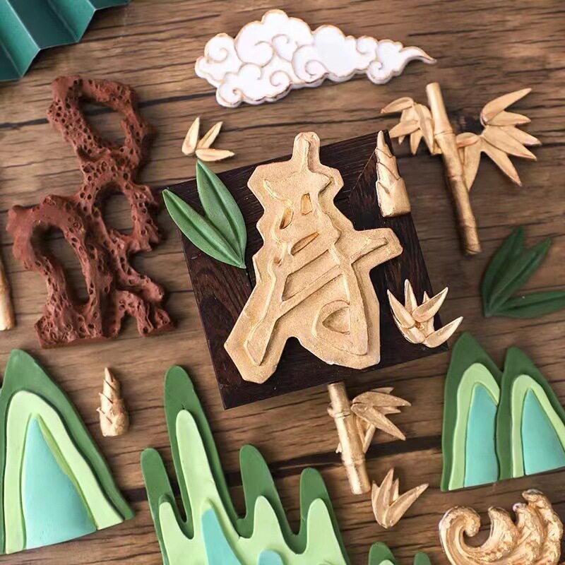 翻糖蛋糕模具中国风卡通祥云青山峰竹子硅胶模祝寿蛋糕巧克力模具