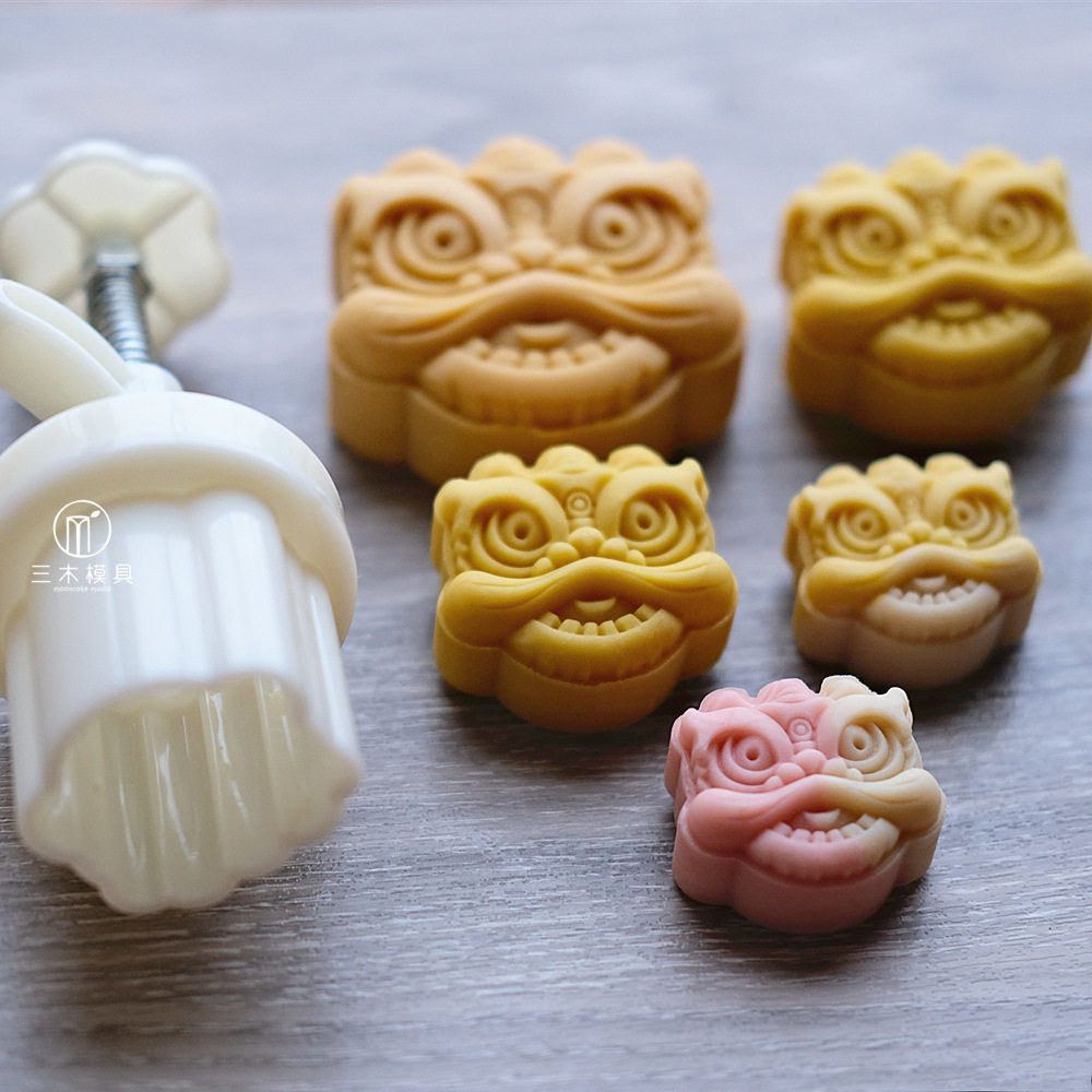 狮头醒狮如意锁扣月饼模具图片