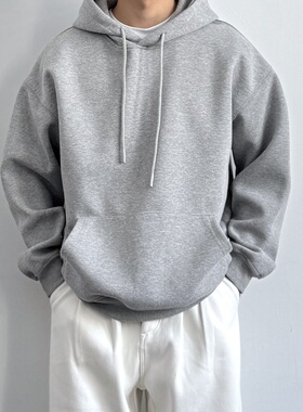 ONUN 460g重磅纯色加绒灰色连帽卫衣秋冬加厚宽松休闲百搭套头衫