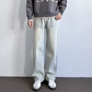 ONUN复古水洗做旧直筒浅蓝色牛仔裤 cleanfit百搭宽松休闲显瘦长裤