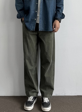 ONUN 宽松直筒棉质双褶设计工装裤日系复古抽绳松紧腰休闲长裤潮